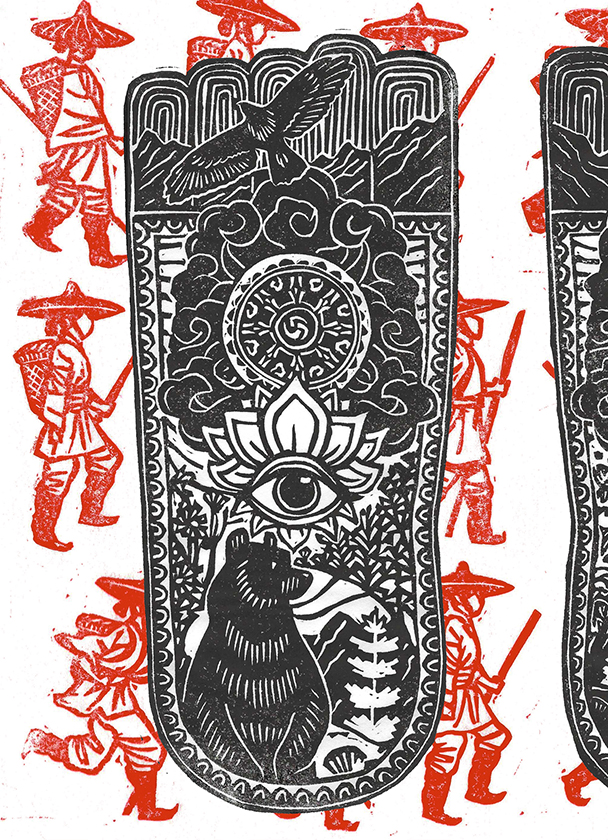A close-up of the left foot from the 'Journeys On Foot' print. 